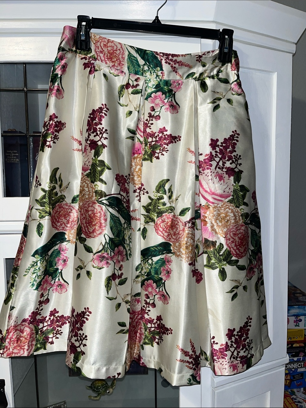 Floral Satin Midi Skirt in Cream with Pink & Green Bouquet